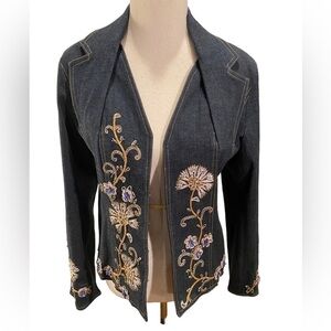 Vintage Pamela McCoy Women's Denim Floral Boho Chic Embroidered Floral Blazer M